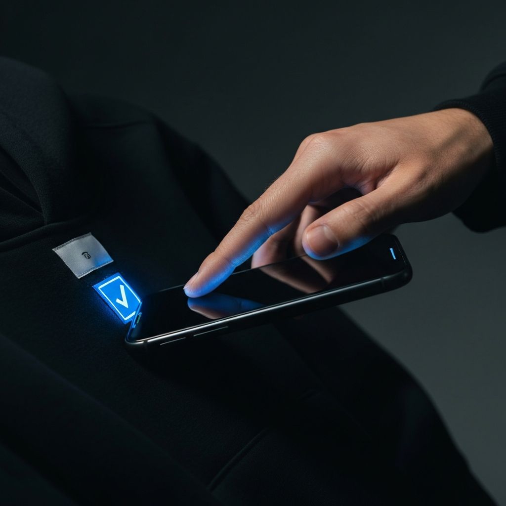 Person scanning NFC tag on TIMZsb hoodie with their phone